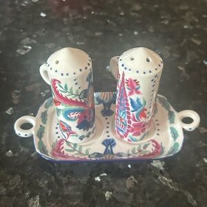Anthropologie -  Salt and Pepper Shakers - Red, Blue, Cream design. NWT